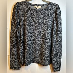 LOFT Women’s Black Floral Jacquard Puff Shoulder Blouse Size Large NWT